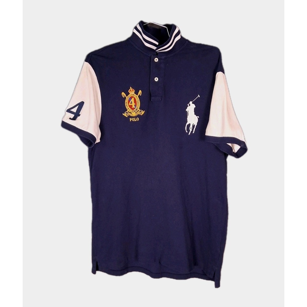 Polo Ralph Lauren Men's Large Custom Fit Big Pony Crest #4 Navy White Polo Shirt - Picture 2 of 9